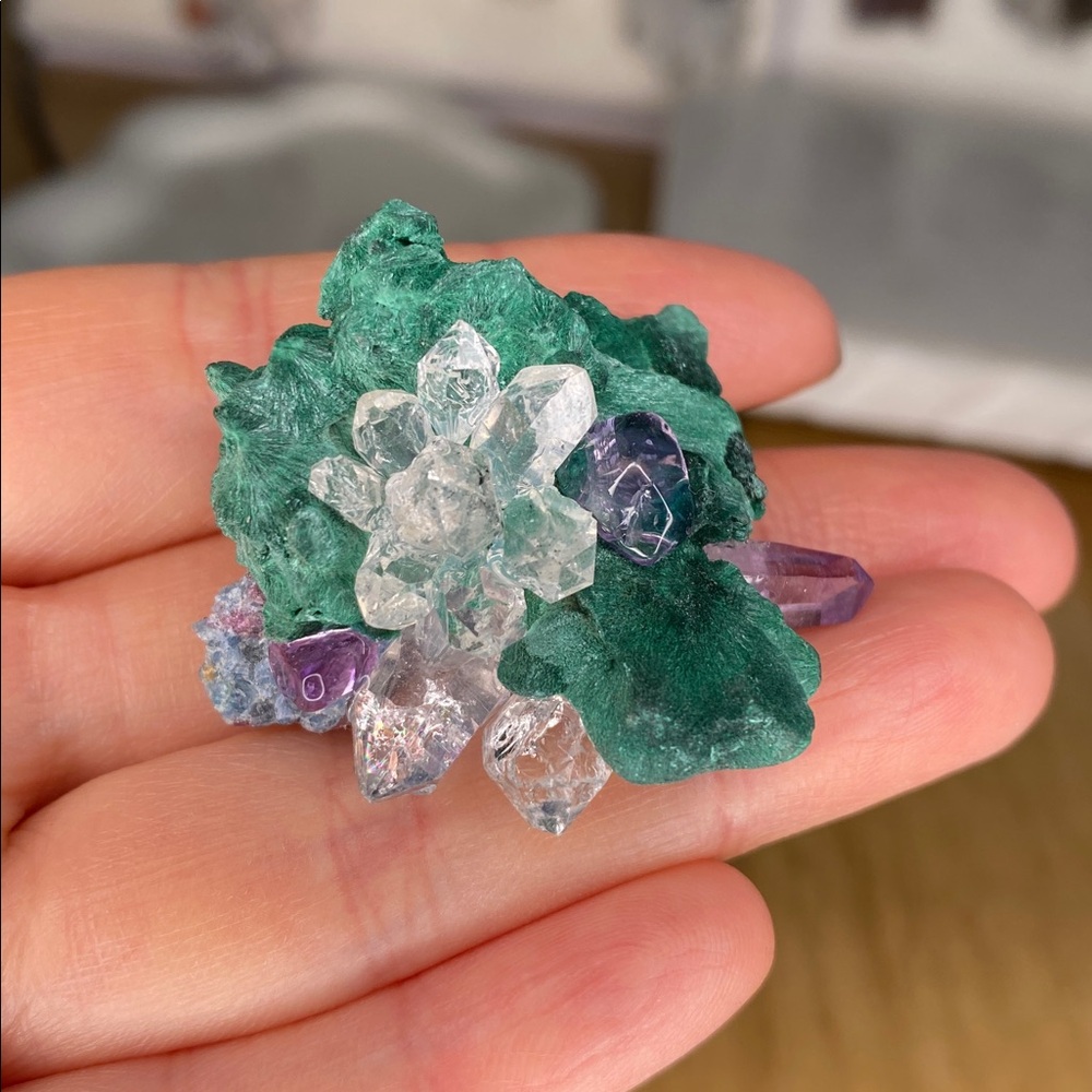 Green Crystal Cluster Statement Ring With Clear A… - image 1